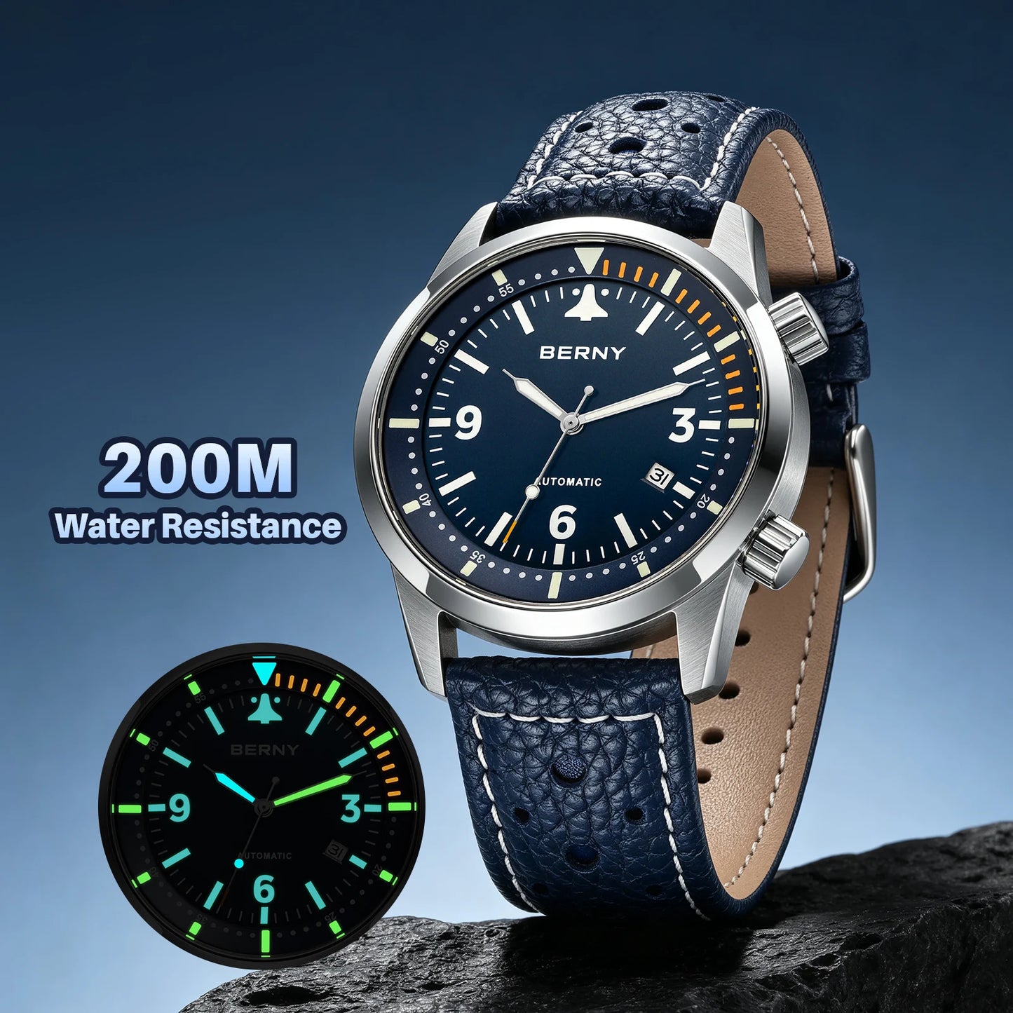 BERNY Men's Automatic Diver Watch Supper Luminous Sapphire AR Coated MlYOTA 8215 Leather Strap Mechanical Diving Watches for Men
