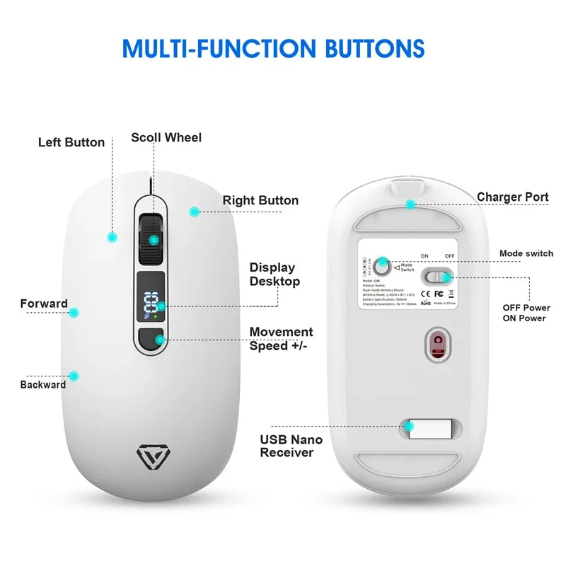 Lenovo Wireless Mouse Bluetooth 2.4G Rechargeable Silent Mouse with Smart Display, Dual Mode Bluetooth Wireless Mouse for Laptop, Desktop & Office