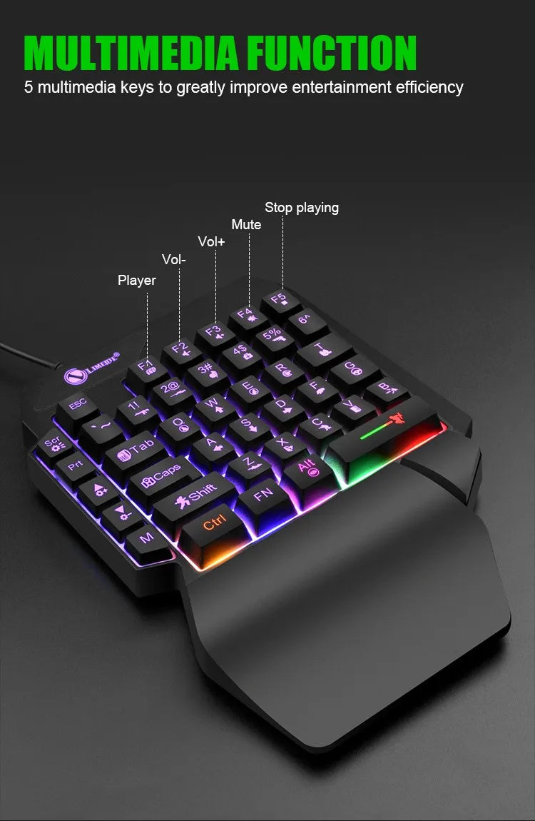 Teclado mini gaming de una mano con 35 teclas, USB, ultradelgado, con cable y retroiluminación, para portátil, PC de sobremesa y smartphone