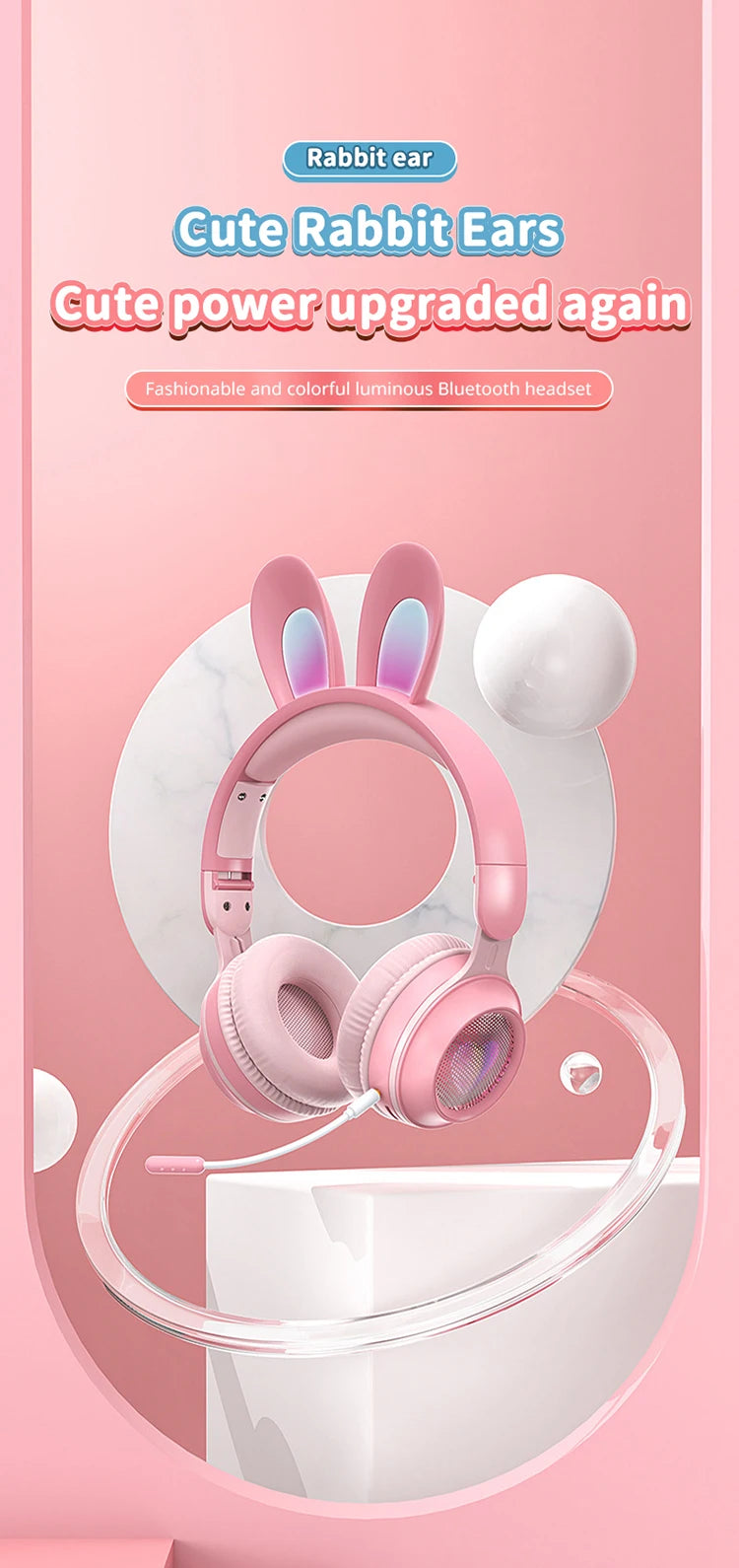 Glow Unicorn Bluetooth Headphones for Kids – LED Bunny Ear Wireless Headphones with Microphone, TF Card Slot, Over-Ear Bluetooth Headset for Gaming, Music & Mobile Devices