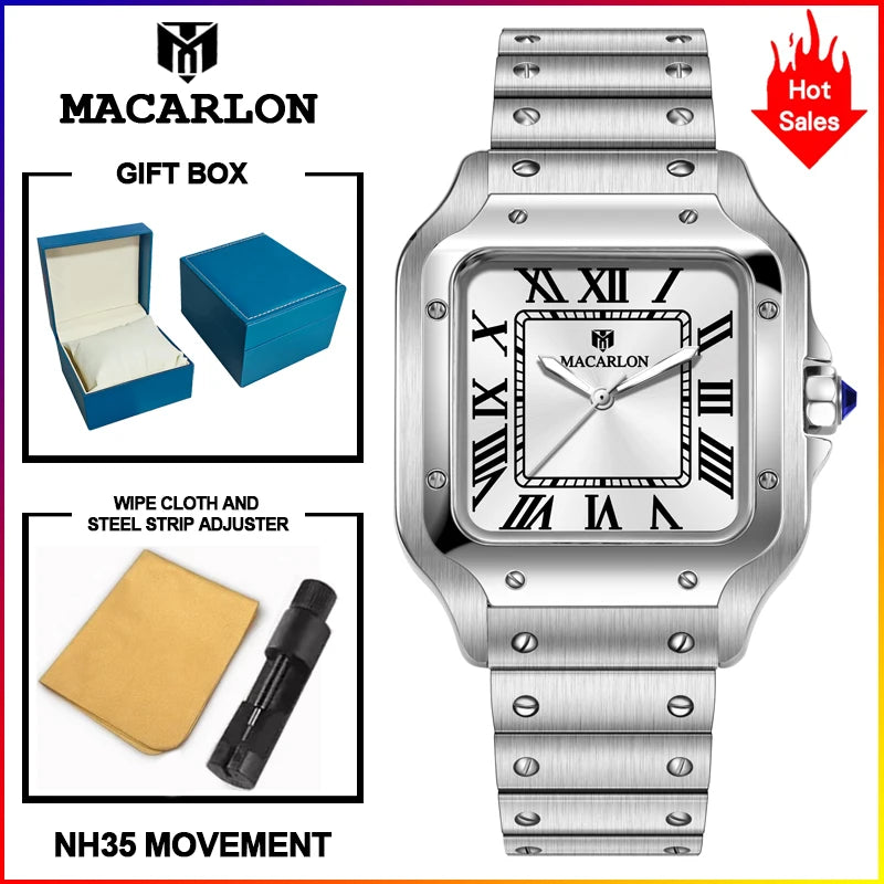 2026 New MACARLON Design 38mm Mechanical Watch Men Sapphire Glass Luminous Stainless Steel Waterproof China NH35 Automatic Watch