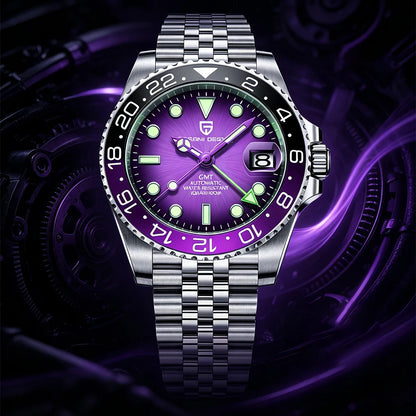 Montre mécanique pour homme PAGANI DESIGN (40 mm) – Cadran violet, fonction GMT, bracelet type Jubilee, verre saphir, étanche, mouvement automatique