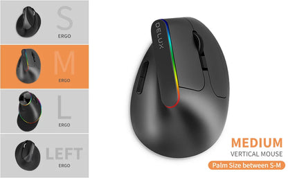 Delux Ergonomic Vertical Mouse Rechargeable Wireless Bluetooth RGB Mouse, 4000 DPI Silent Ergonomic Vertical Mouse for Laptop, PC & Gaming