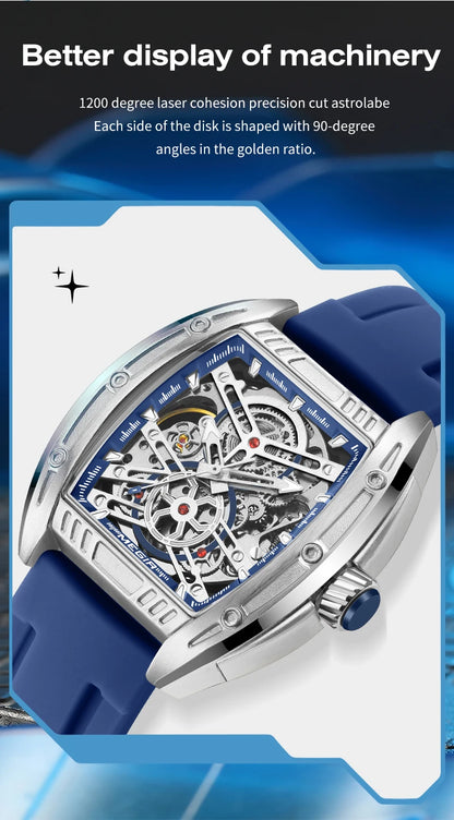 2026 Men's Automatic Mechanical Watch with Stainless Steel Case Silicone Band Skeleton Dial Waterproof Sport Wristwatch