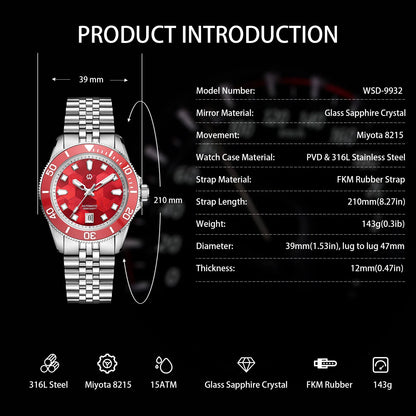 WISHDOIT Automatic Mechanical Watch Miyota 8215 Movement Mother of Pearl Dial Ceramic Bezel Waterproof 150M Diving Watch
