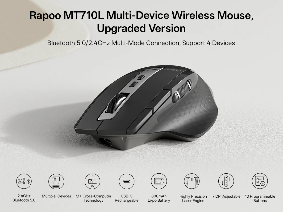 Rapoo MT710L Multi-Mode Rechargeable Wireless Mouse, Bluetooth Wireless Mouse with 4000 DPI, Ergonomic Multi-Device Mouse for Up to 4 Devices