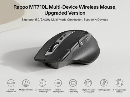 Rapoo MT710L Multi-Mode Rechargeable Wireless Mouse, Bluetooth Wireless Mouse with 4000 DPI, Ergonomic Multi-Device Mouse for Up to 4 Devices