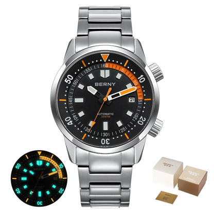 BERNY Men's Dive Watches 200M Waterproof Super Luminous Automatic Mechanical Diver Watch 42mm Sapphire Swim Diving Wristwatch
