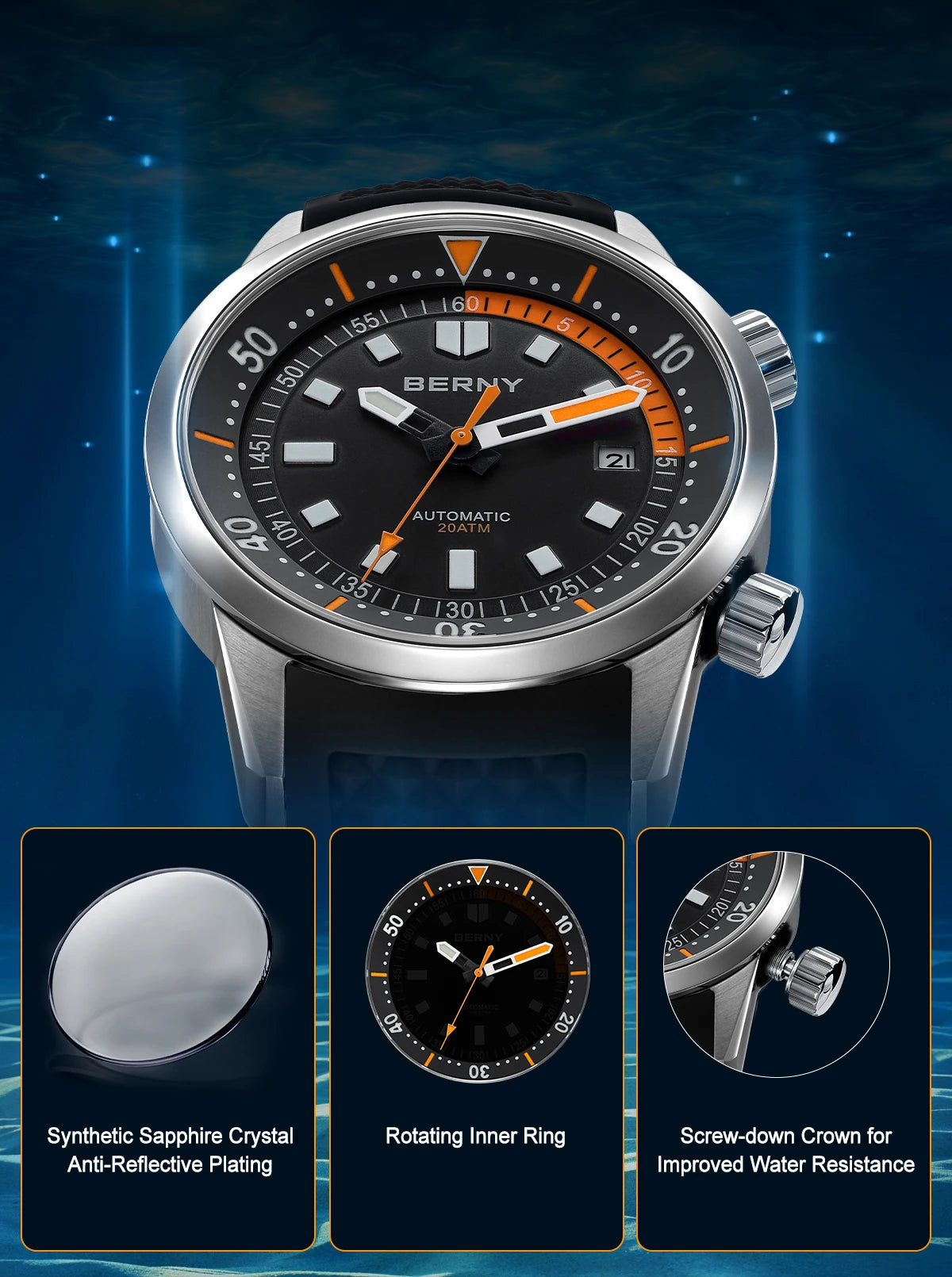 BERNY Men's Dive Watches 200M Waterproof Super Luminous Automatic Mechanical Diver Watch 42mm Sapphire Swim Diving Wristwatch