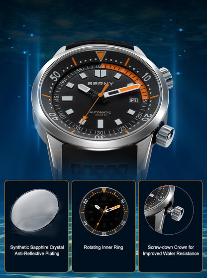BERNY Men's Dive Watches 200M Waterproof Super Luminous Automatic Mechanical Diver Watch 42mm Sapphire Swim Diving Wristwatch