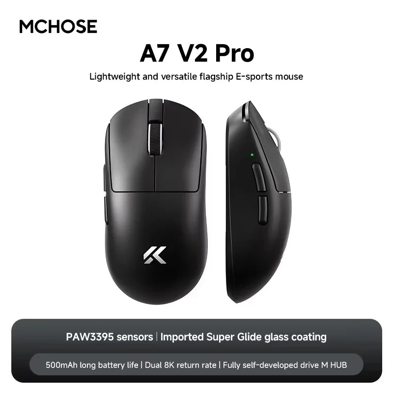 MCHOSE A7 V2 Ultra Wireless Gaming Mouse with PixArt 3950Ti Sensor, 8K Polling Rate, Lightweight Bluetooth & 2.4G RGB Gaming Mouse