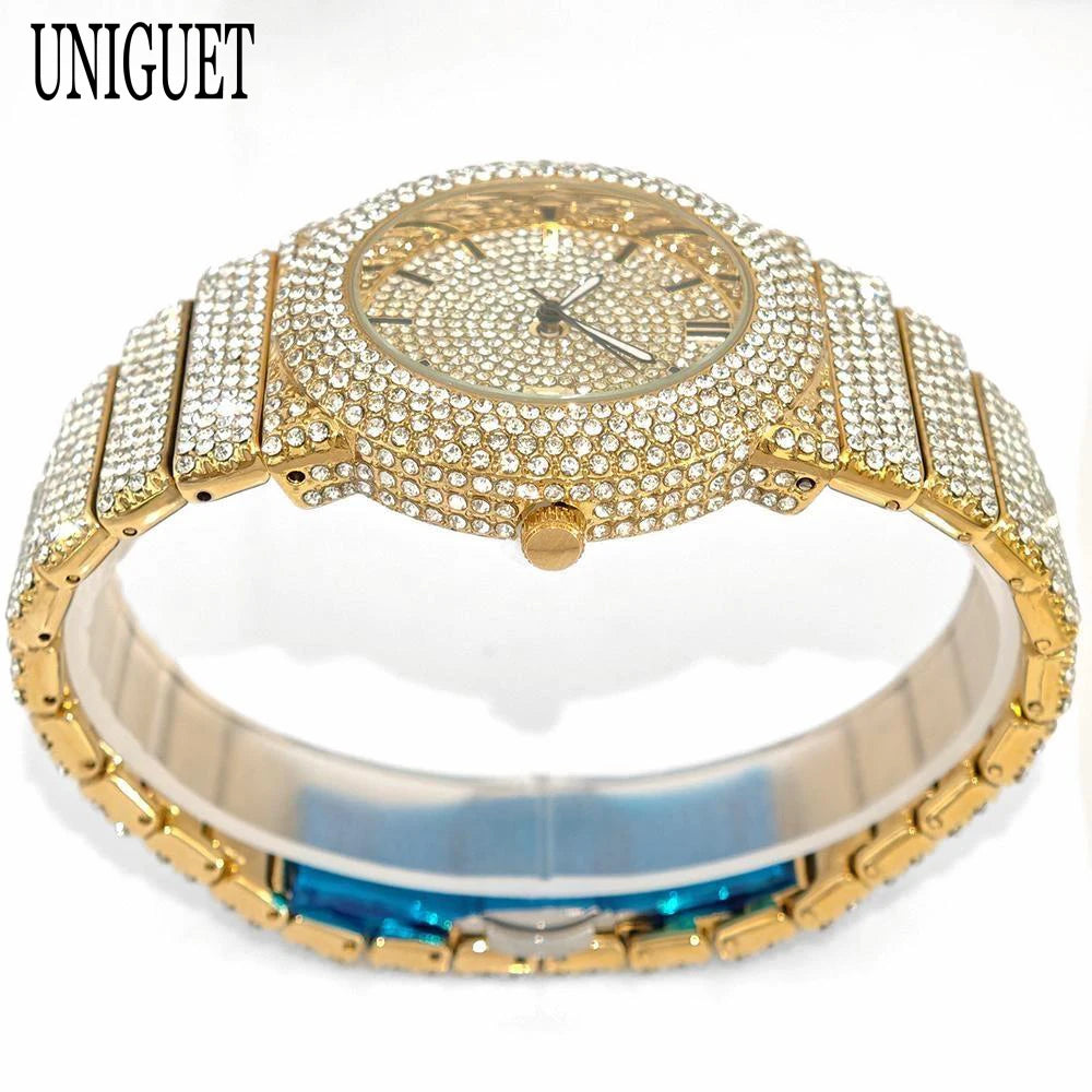 2025 UNIGUET Men's Fashion Iced Watches Luxury Hip Hop Full Diamond Jewelry Quartz Waterproof Business Wrist Watch for Men New