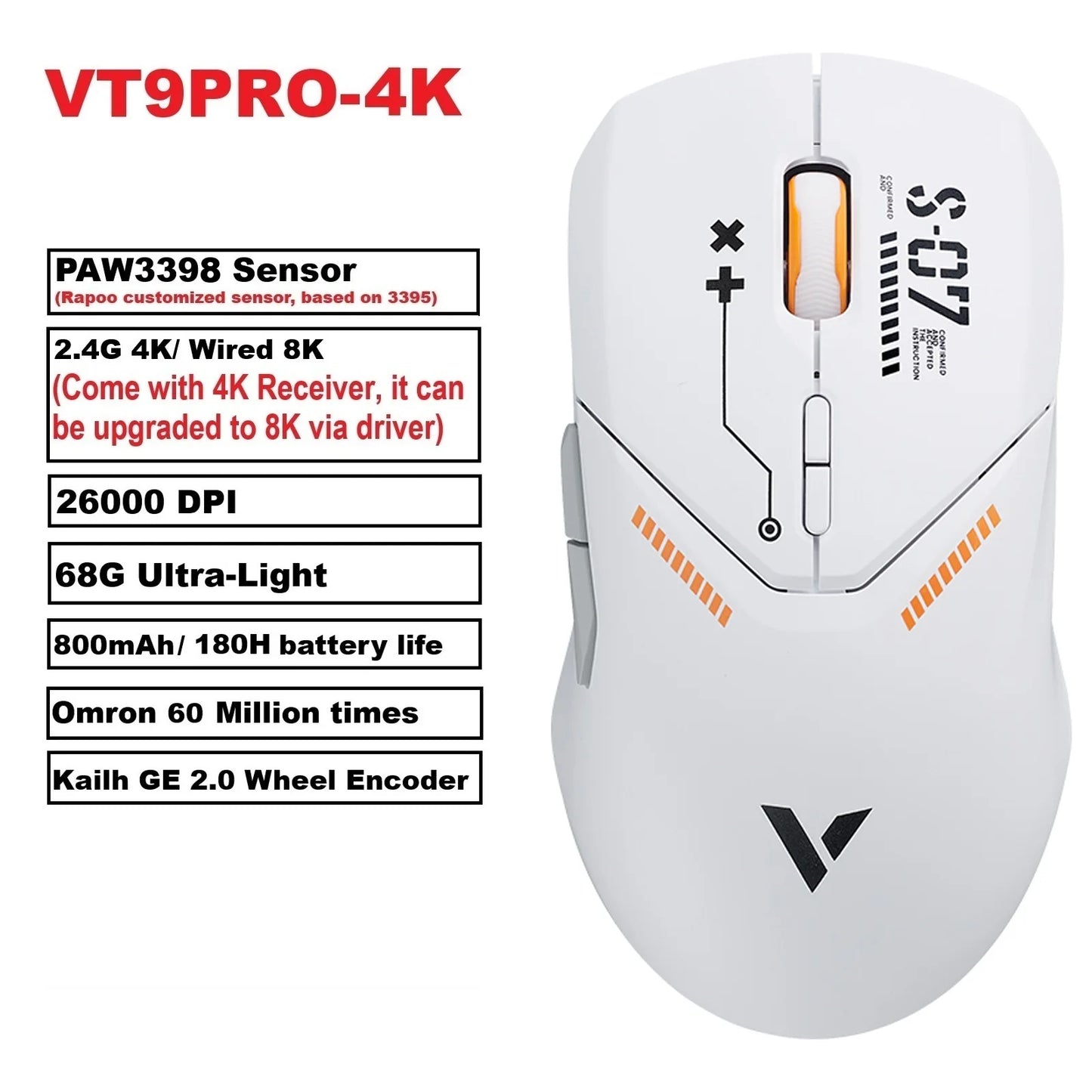 Rapoo VT9PRO Wireless Gaming Mouse PAW3398 26000 DPI Lightweight Programmable Ergonomic Gaming Mouse with Type-C Rechargeable Dual Mode