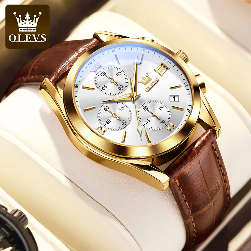 Męski zegarek naręczny z chronografem OLEVS 2872 – skórzany pasek, wodoodporny, luminescencyjne wskazówki, mechanizm kwarcowy, luksusowy styl sportowy