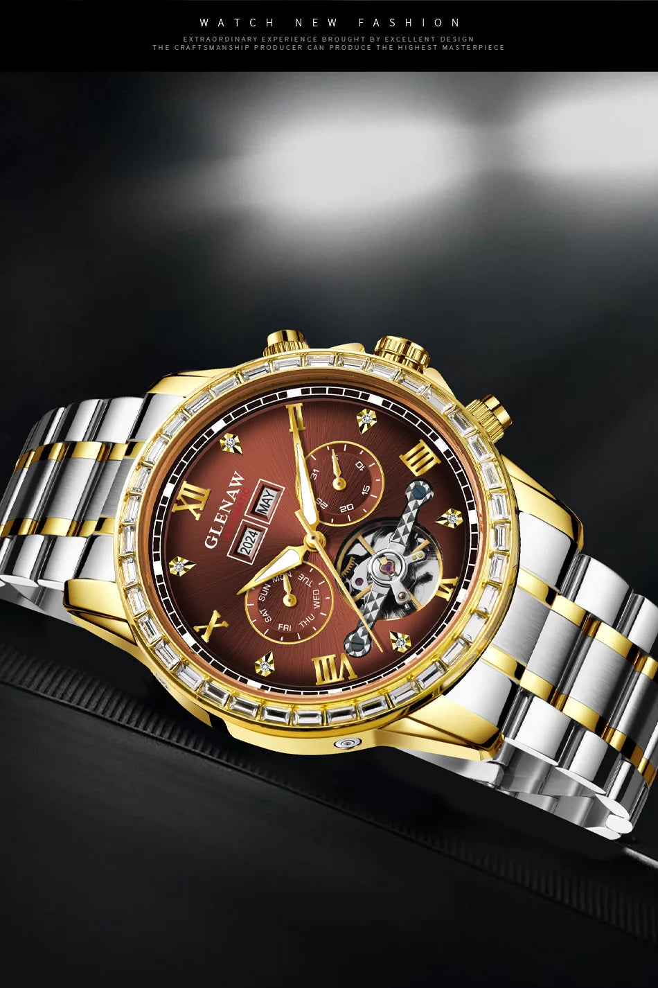 Montre mécanique multifonction GLENAW – Modèle pour homme, style business et décontracté, bracelet en acier inoxydable, étanche, avec calendrier – Montre de luxe