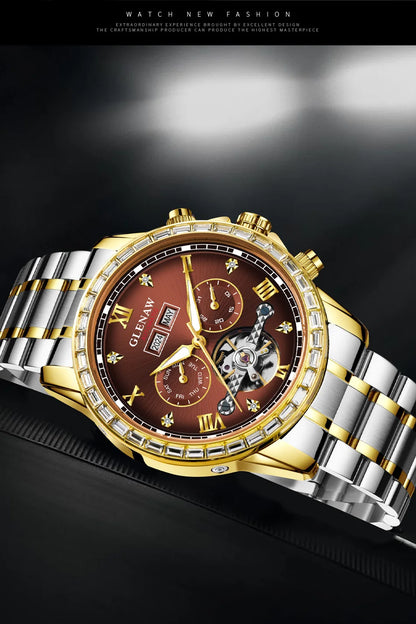 Montre mécanique multifonction GLENAW – Modèle pour homme, style business et décontracté, bracelet en acier inoxydable, étanche, avec calendrier – Montre de luxe