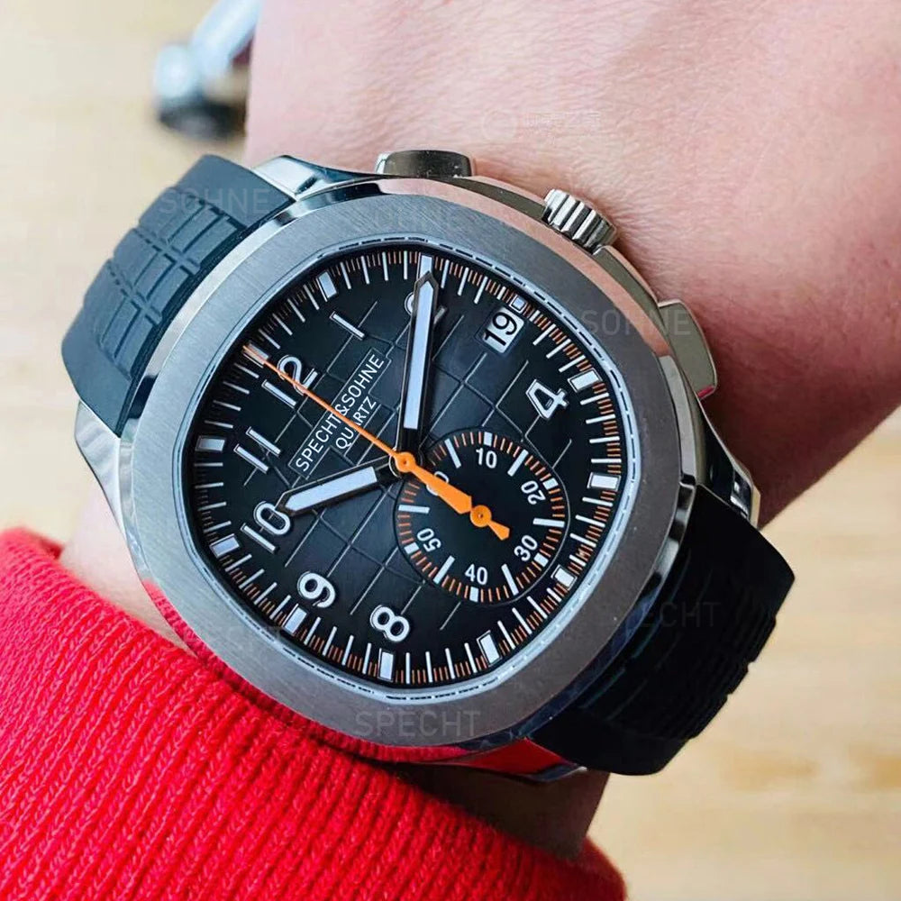 Specht & Söhne New Classic 5167 Men's Watch Orange Color Sapphire Crystal Rubber Srap Sports Male Quartz Watches 50M Waterproof