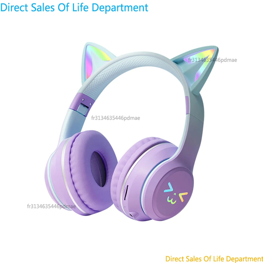 RGB Cat Ear Wireless Bluetooth Headphones for Kids & Girls, LED Light Stereo Gaming Headset with Microphone, Foldable Bluetooth Cat Ear Headphones