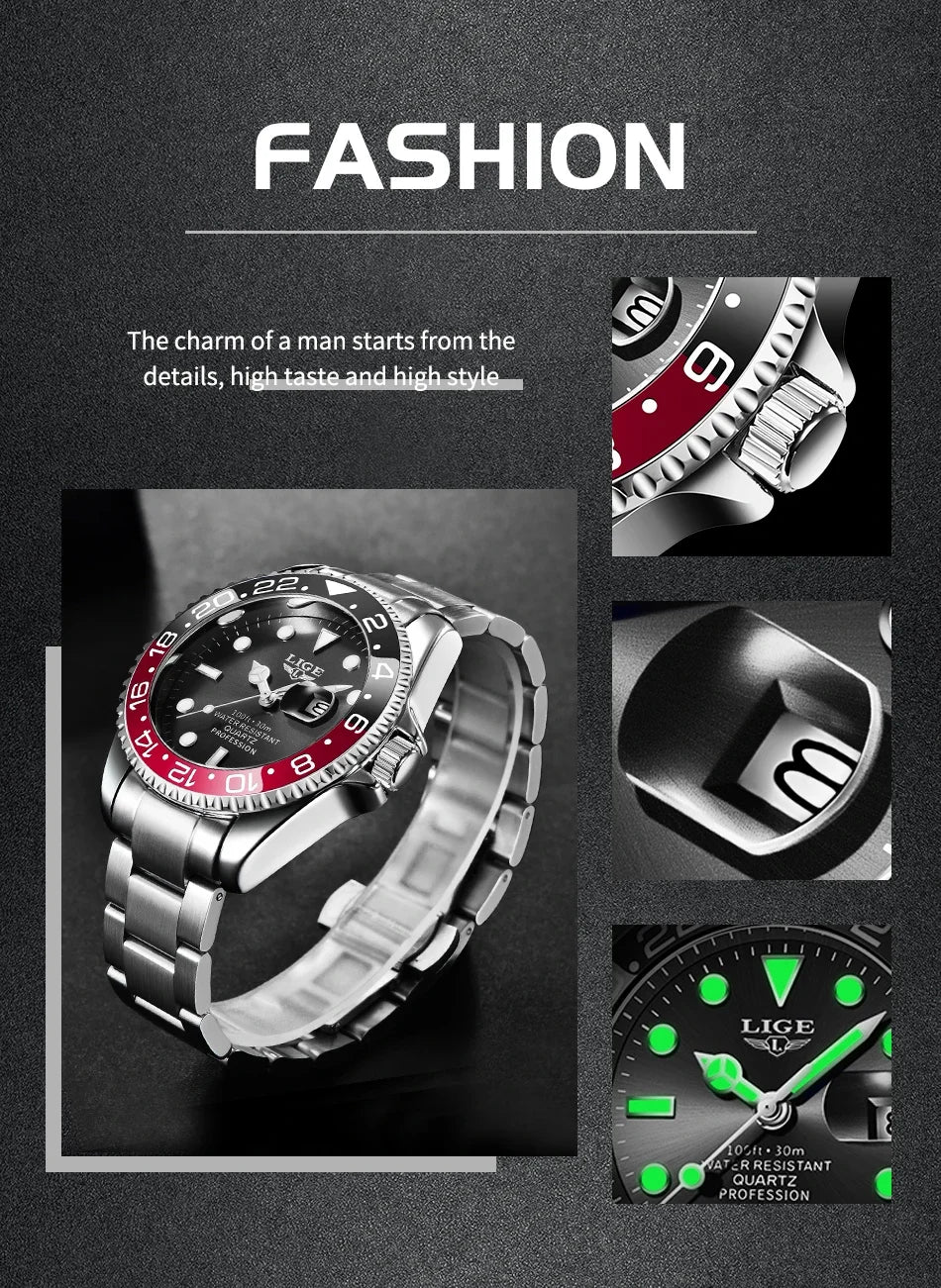 LIGE 2025 brand new men's watch luminous stainless steel business quartz luxury clock waterproof watches for men reloj hommes