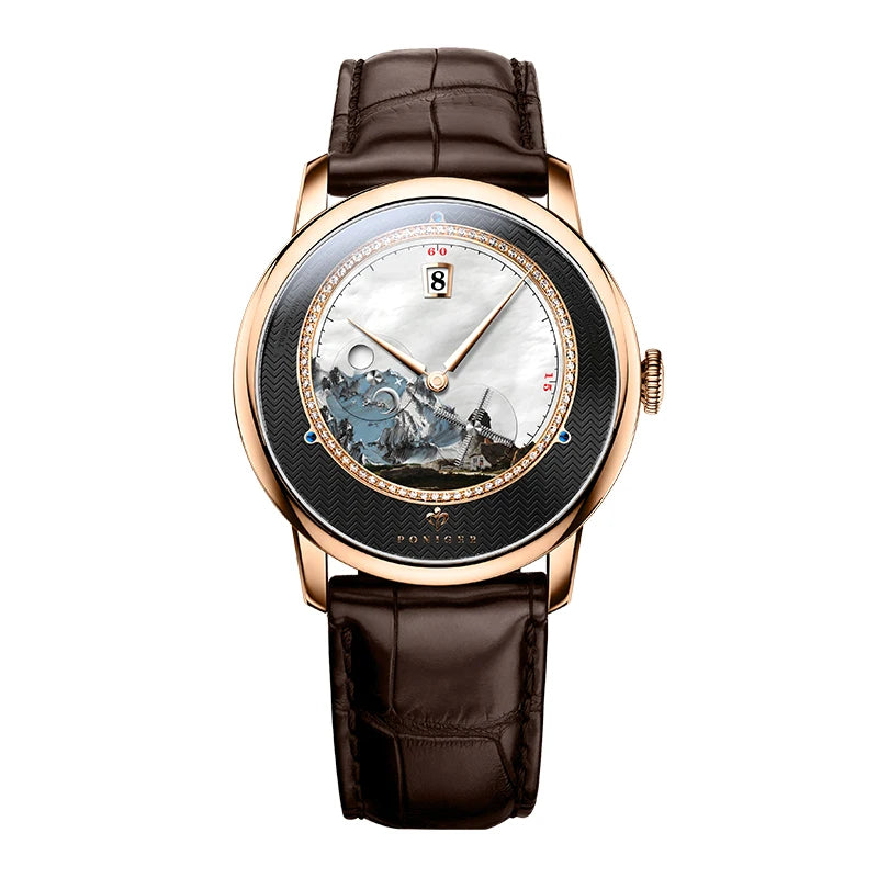 PONIGER Sapphire Crystal Glass Wrist Watch Painting Dial Man Leather Automatic Wristwatch MIYOTA 8219