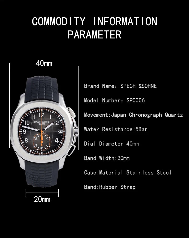 Specht & Söhne New Classic 5167 Men's Watch Orange Color Sapphire Crystal Rubber Srap Sports Male Quartz Watches 50M Waterproof