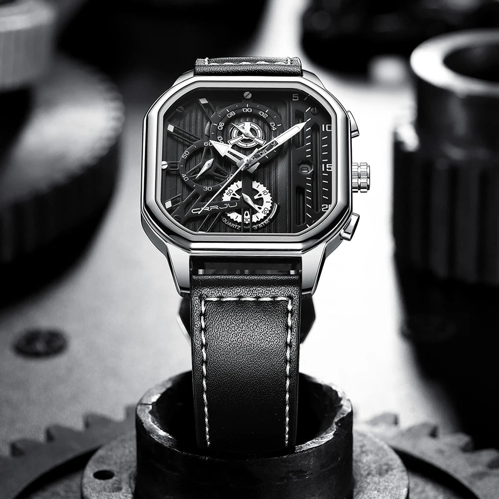 CRRJU Fashion Square Dial Leather Mens Watches Luxury Sport Waterproof Watch Man Chronograph Quartz WristWatches Homme+Box