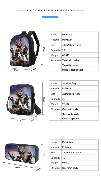 Conjunto de Mochila Fortnited 3PCS para Adolescentes e Estudantes, Saco de Viagem Fortress Night, Mochila Escolar 3D de Jogos Populares