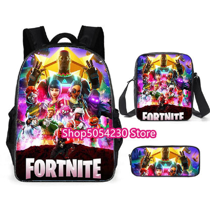 Conjunto de Mochila Fortnited 3PCS para Adolescentes e Estudantes, Saco de Viagem Fortress Night, Mochila Escolar 3D de Jogos Populares