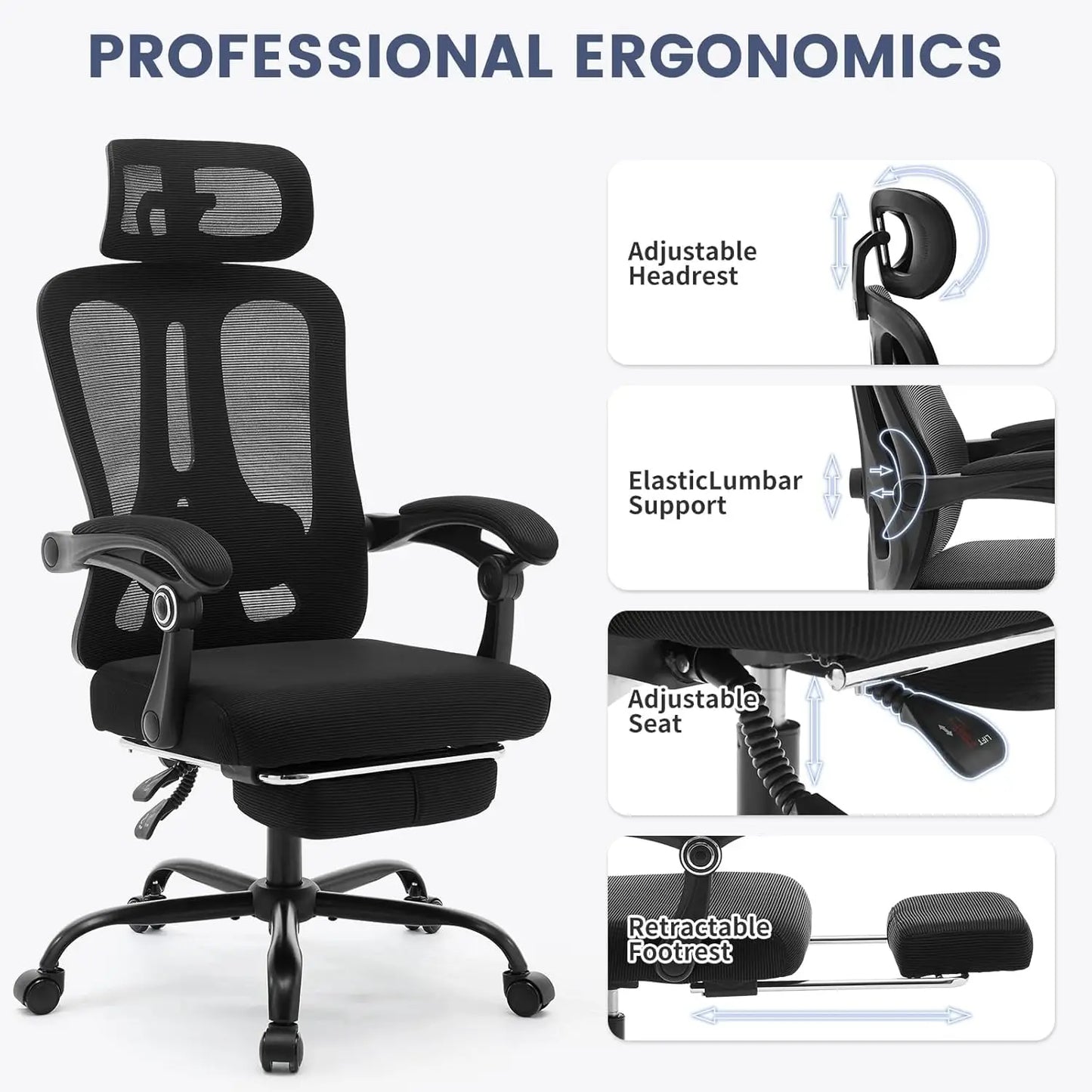 Ergonomic Office Chair With Adjustable Lumbar Support & Footrest, High-Back Mesh Gaming Chair With Tilt Mechanism For Home