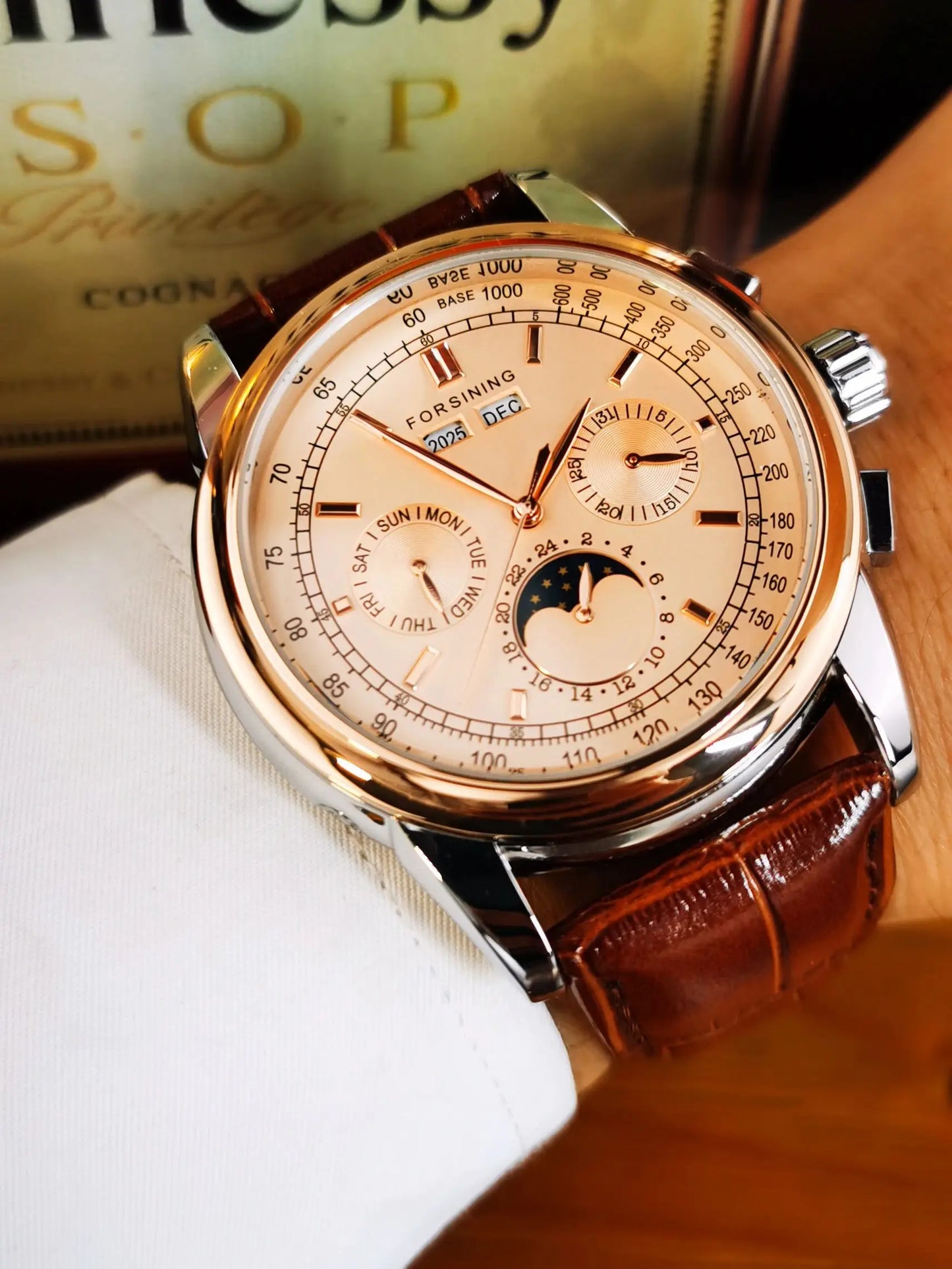 Forsining Retro Mechancial Watches Moon Phase Shanghai Movement Rose Gold Case Brown Leather Strap Luxury Automatic Mens Watch