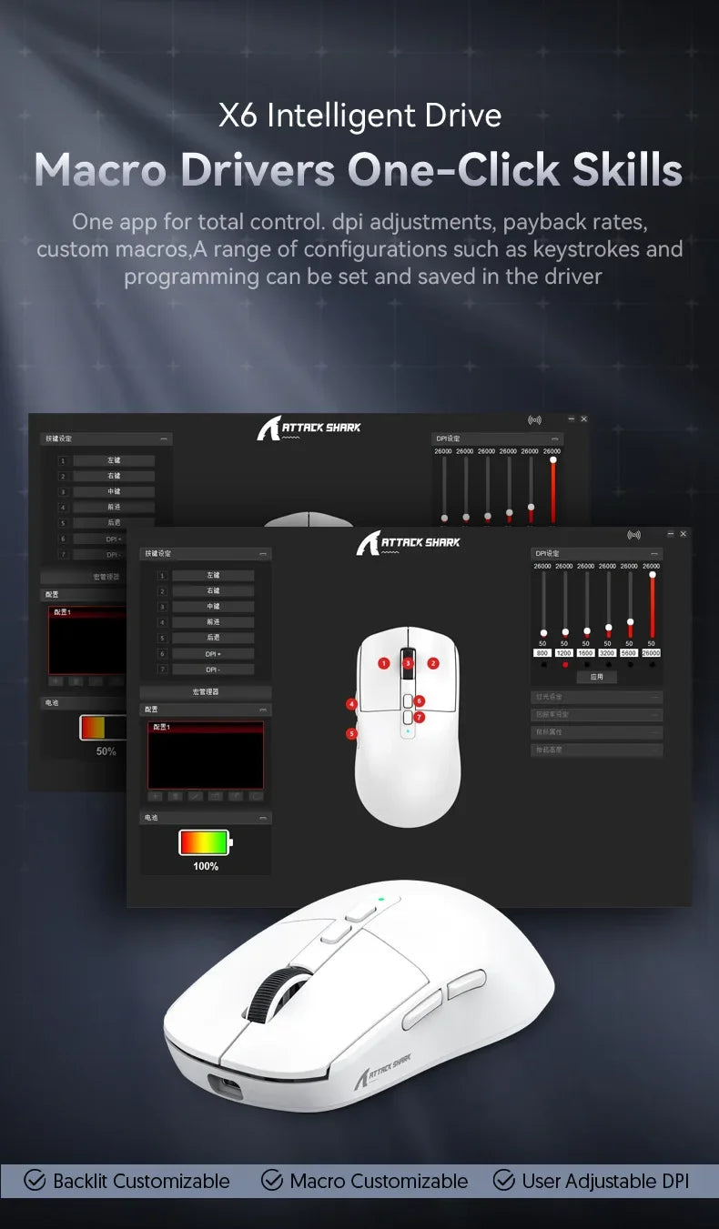 Attack Shark X6 Wireless Ergonomic Gaming Mouse, Tri-Mode Bluetooth, 2.4G & Wired Gaming Mouse, 26000 DPI Rechargeable RGB Gaming Mouse