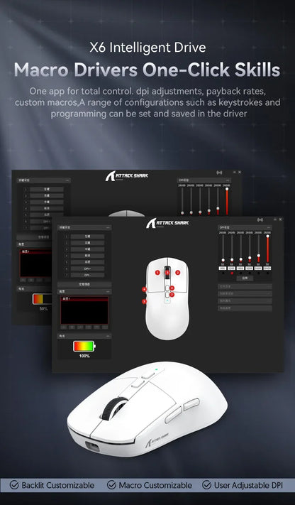 Attack Shark X6 Wireless Ergonomic Gaming Mouse, Tri-Mode Bluetooth, 2.4G & Wired Gaming Mouse, 26000 DPI Rechargeable RGB Gaming Mouse