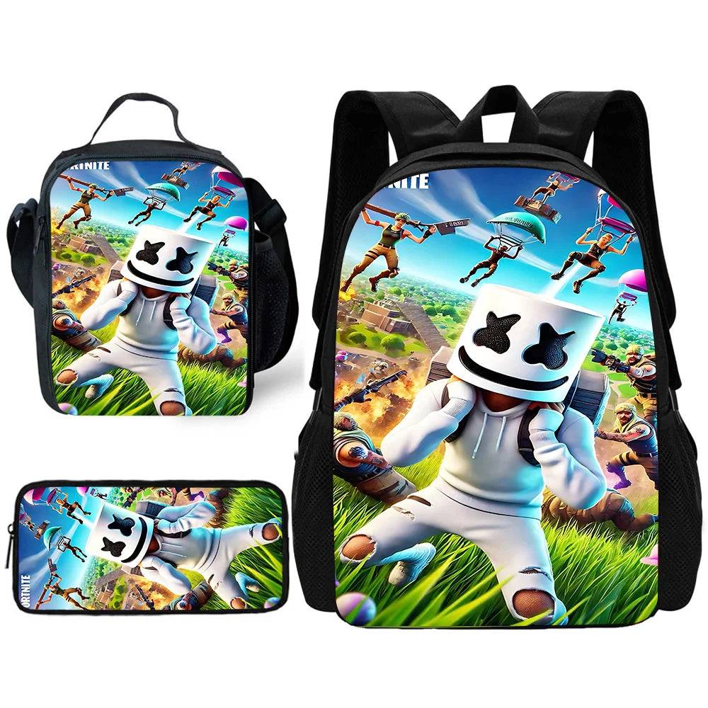 Mochila Escolar Infantil com Lancheira e Estojo, Design de Jogo Popular F-FortniteS, Mochila Escolar para Rapazes e Raparigas, Presente Ideal