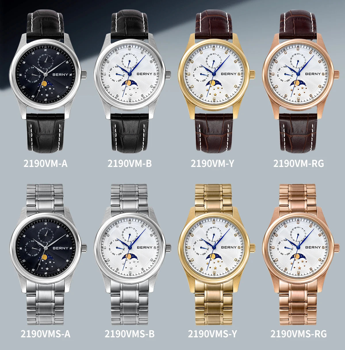 BERNY Men Watch Date Weeks Moon Phase Quartz Watches for Men Stainless Steel Leather Strap Business Wristwatch Male Clock