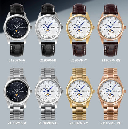 BERNY Men Watch Date Weeks Moon Phase Quartz Watches for Men Stainless Steel Leather Strap Business Wristwatch Male Clock