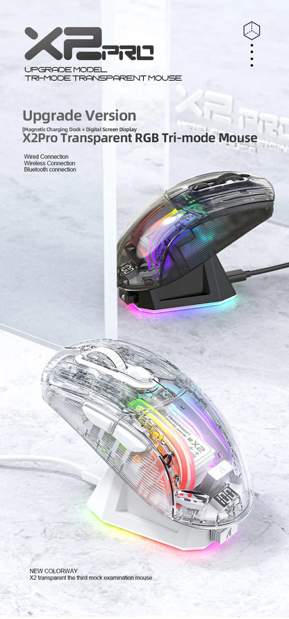 Attack Shark X2PRO Bluetooth Mouse Tri-Mode Wireless RGB Gaming Mouse with Magnetic Charging Dock, Transparent Design, Battery Indicator for PC, Laptop & Mobile