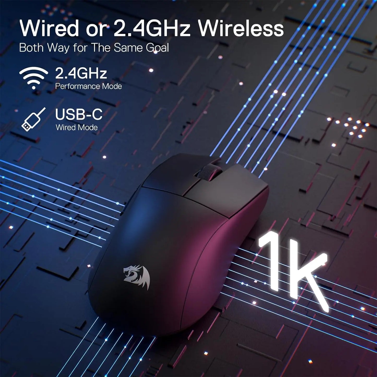 Mouse da gaming wireless Redragon M916, ultraleggero 49G, 8K DPI, 2.4G, con struttura ergonomica a presa naturale