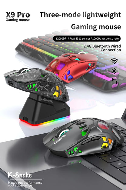 Lahka gaming miška Lenovo Tri-Mode z RGB polnilno postajo, 12000DPI, 2.4G/Bluetooth/žično, ergonomska miška za PC in prenosnik