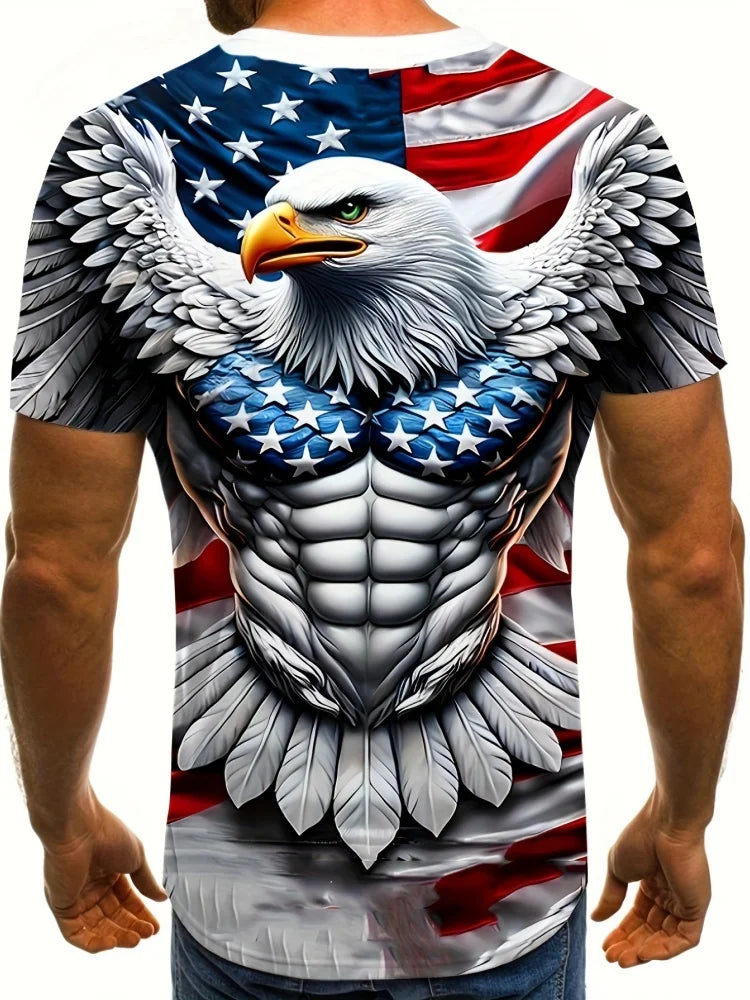 Men's Patriotic 3D Eagle Print T-Shirt Casual Crew Neck Short Sleeved Pullover for Summer Fashion Outdoor Activities Men Clothes