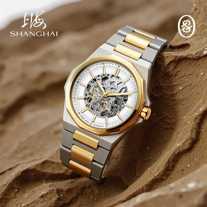 Shanghai Watch Dual Skeletonized Automatic Mechanical Watches 41mm Luminous Sapphire Men's Wristwatch 316L Stainless Steel S8008