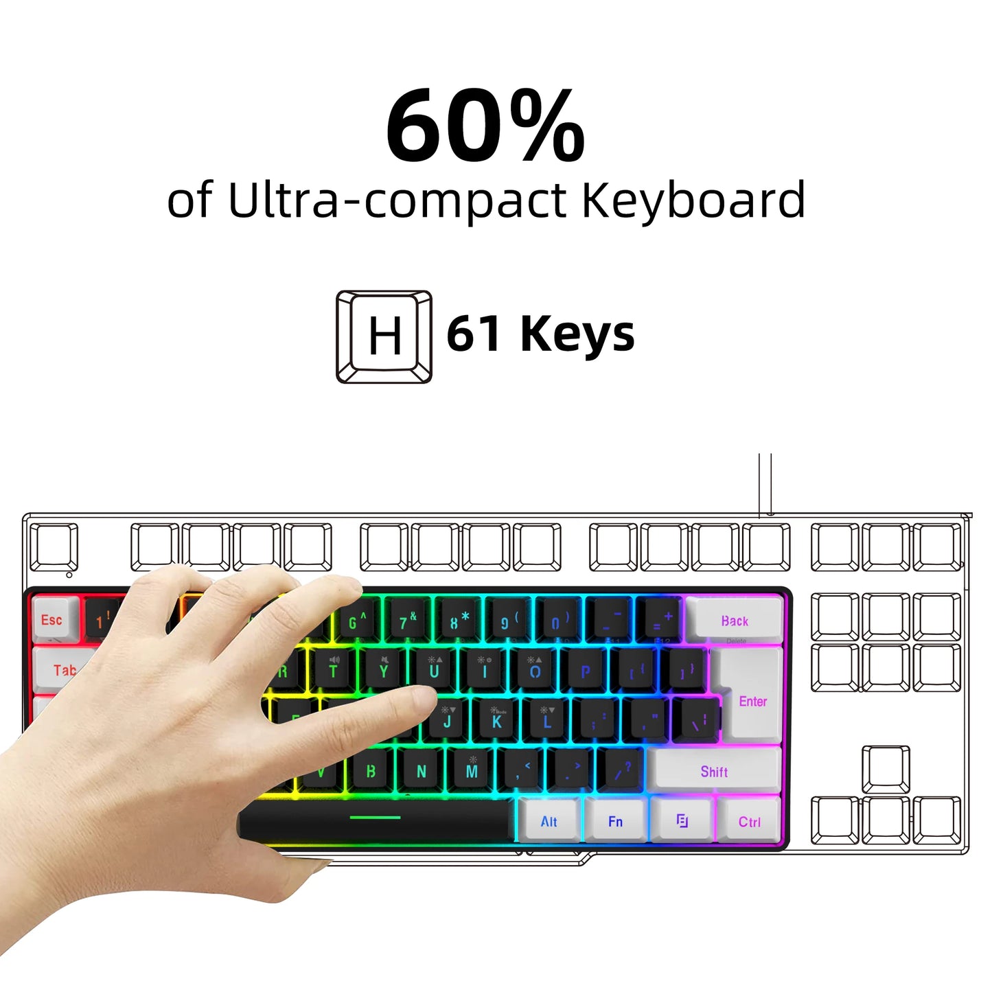 60% Gaming Keyboard Wired RGB Backlit Mini 61 Keys Membrane Keyboard Anti-Ghosting No-Conflict Ultra-Compact for Gamers