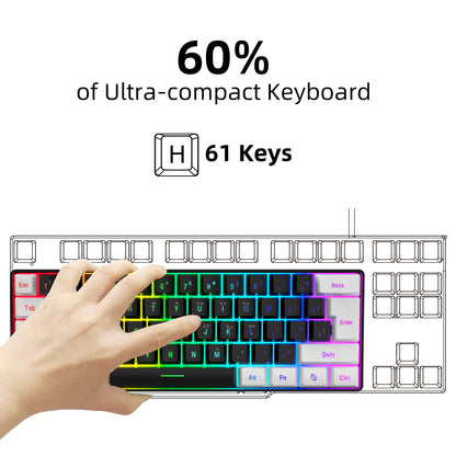 60% Gaming Keyboard Wired RGB Backlit Mini 61 Keys Membrane Keyboard Anti-Ghosting No-Conflict Ultra-Compact for Gamers