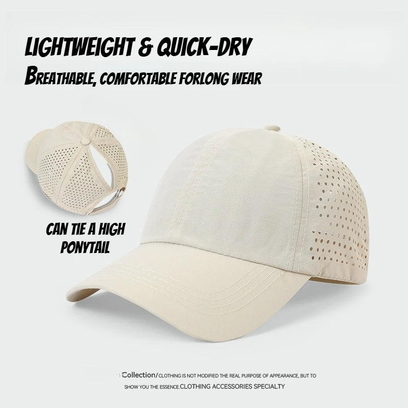 1 unidad de gorras de béisbol con lengüeta de secado rápido para mujer, protección de verano, malla transpirable, gorra transpirable, elegante y ajustable, ideal para llevar la coleta.