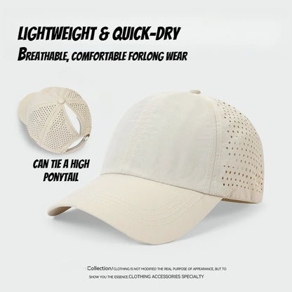 1 unidad de gorras de béisbol con lengüeta de secado rápido para mujer, protección de verano, malla transpirable, gorra transpirable, elegante y ajustable, ideal para llevar la coleta.