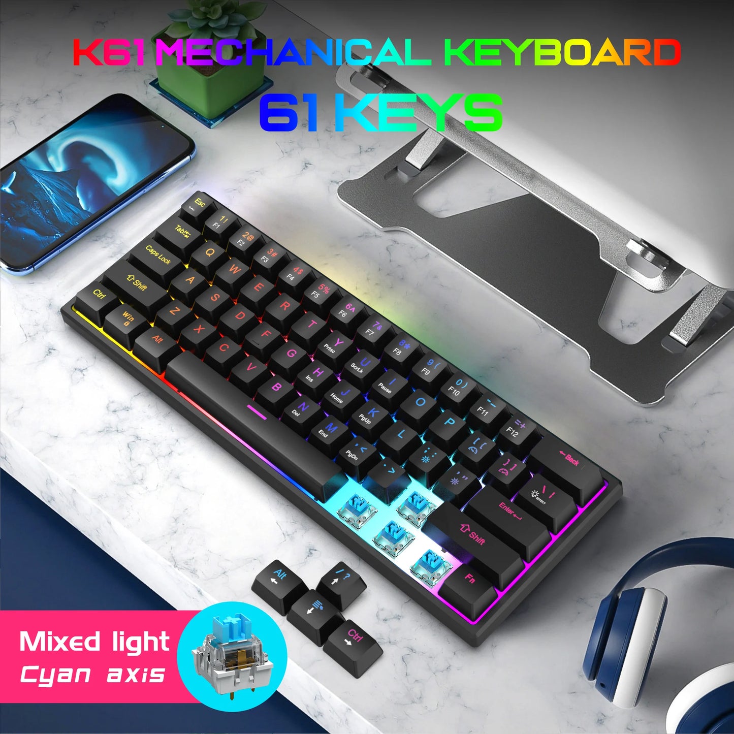 104 Keys Mechanical Feel Keyboard Wired Gaming Keyboard for Laptop PC Ergonomics RGB Backlit 61Key Cyan Axis Keycaps Keyboard