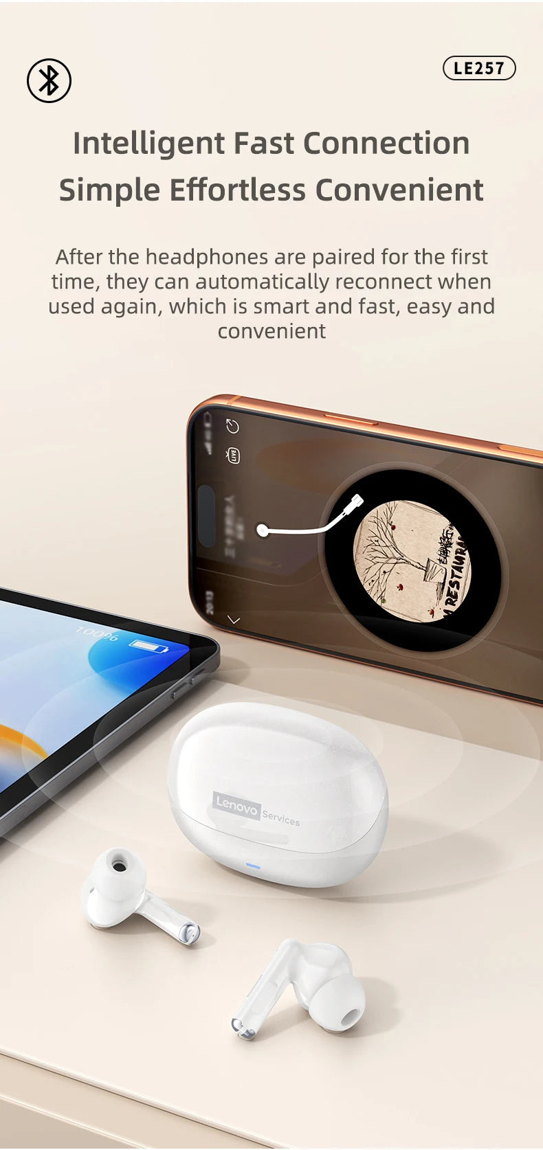 Lenovo LE257 TWS Wireless Bluetooth 6.0 Headphones with HiFi Sound, ENC Noise Reduction, Gaming Earbuds with Mic, Sports Waterproof Headset
