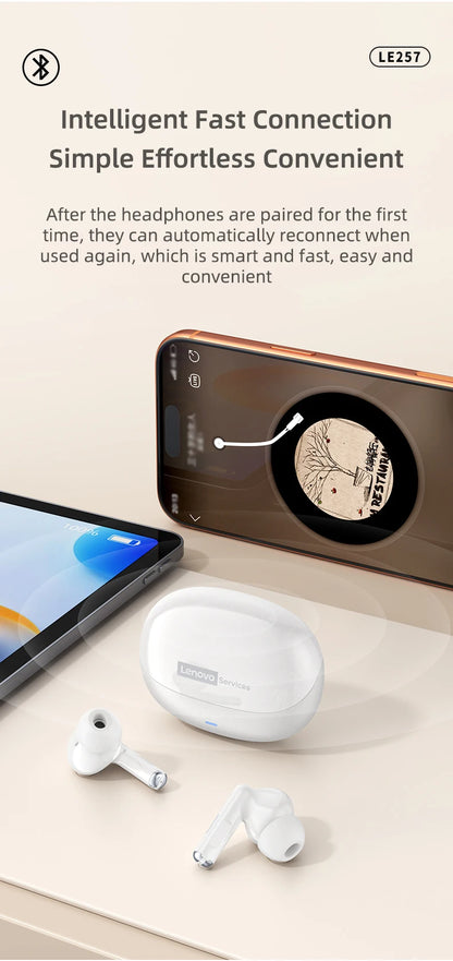 Lenovo LE257 TWS Wireless Bluetooth 6.0 Headphones with HiFi Sound, ENC Noise Reduction, Gaming Earbuds with Mic, Sports Waterproof Headset