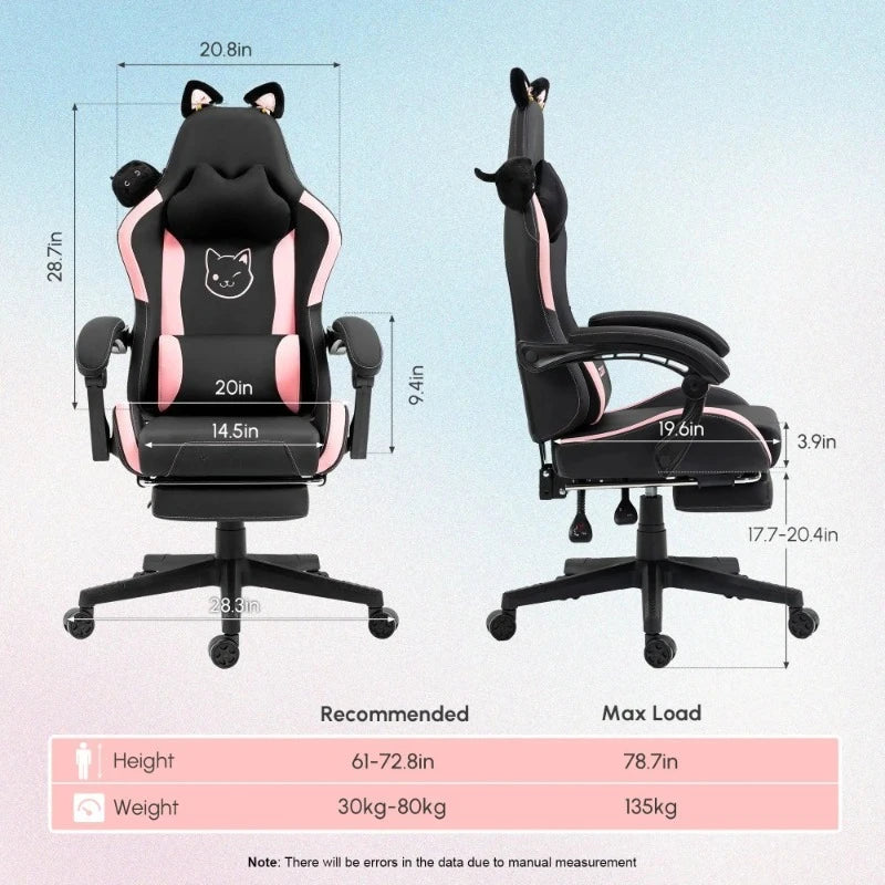 Uroczy fotel gamingowy z kocimi uszami i podnóżkiem, różowy fotel komputerowy kawaii, ergonomiczne siedzisko dla gracza z wysokim oparciem i podparciem lędźwiowym w kształcie kociej łapki