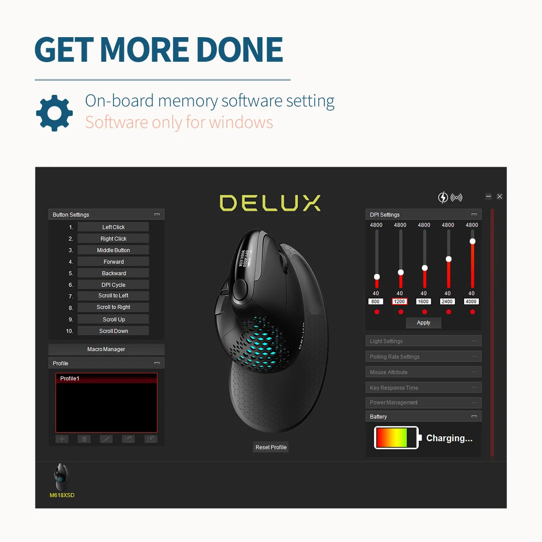 Delux M618XSD Seeker ergonominen pystysuuntainen hiiri OLED-näytöllä, 4000DPI, ladattava 1000mA akku, irrotettava takakansi tietokoneelle