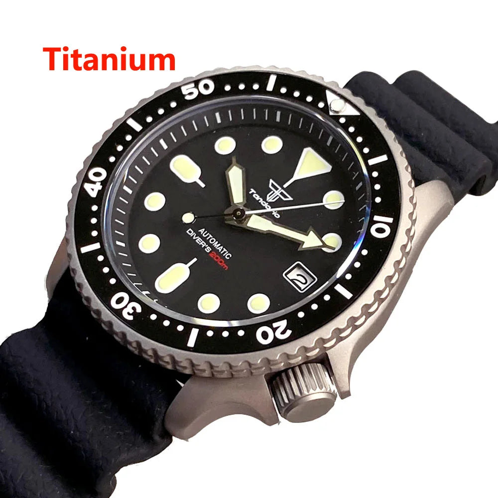 Titanium Diver NH35A Black Automatic 200M Men Watch Sapphire Glass 3.8 o'clock Date Rubber Black Ceramic Bezel
